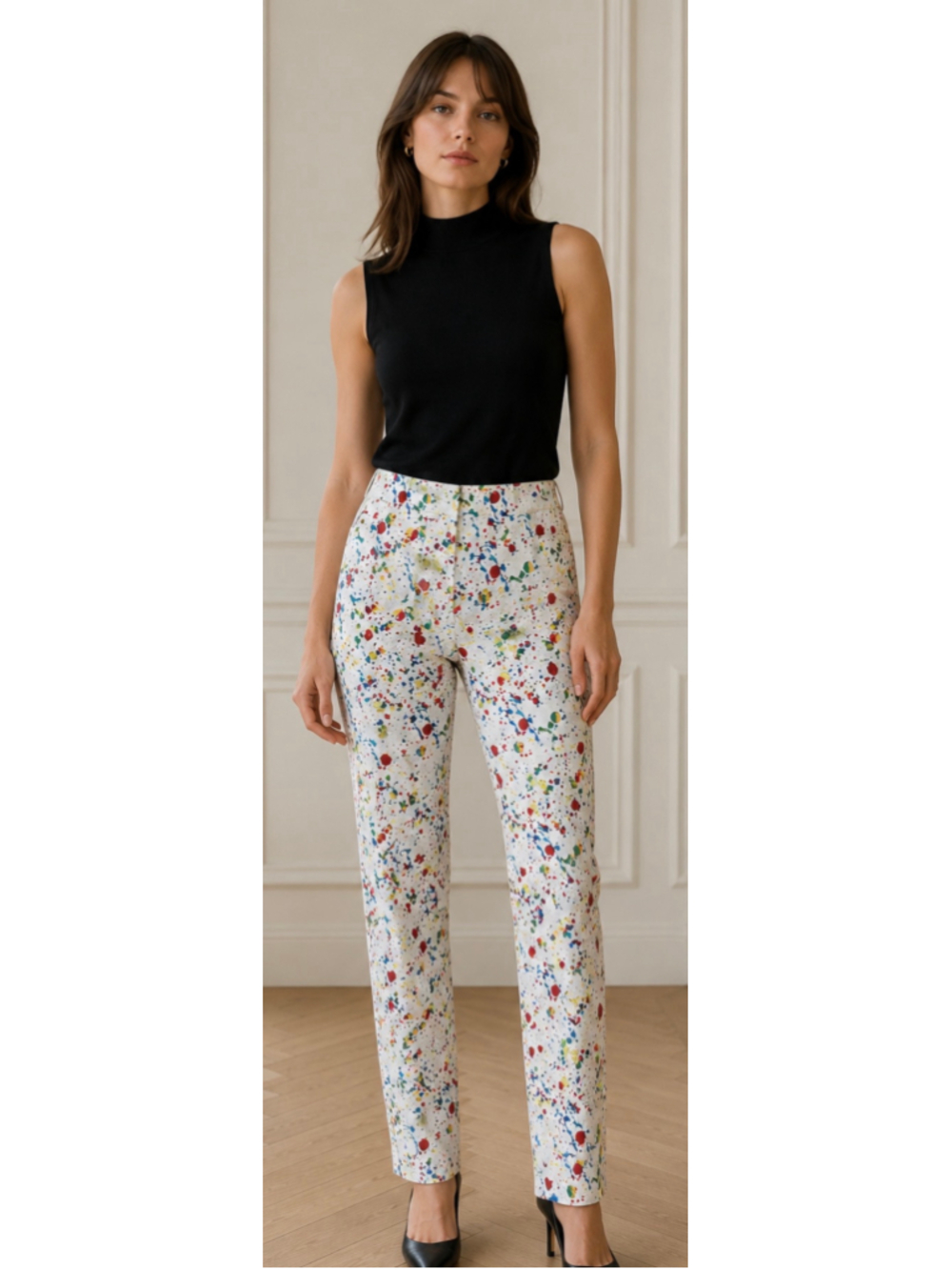 Krazy Larry Straight Leg Pants Size 8 White Multi-color Paint Splatter New